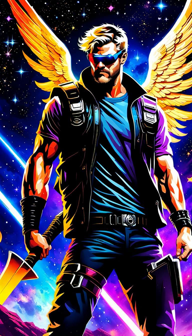 Cyberpunk Thor with Angel Wings in Space