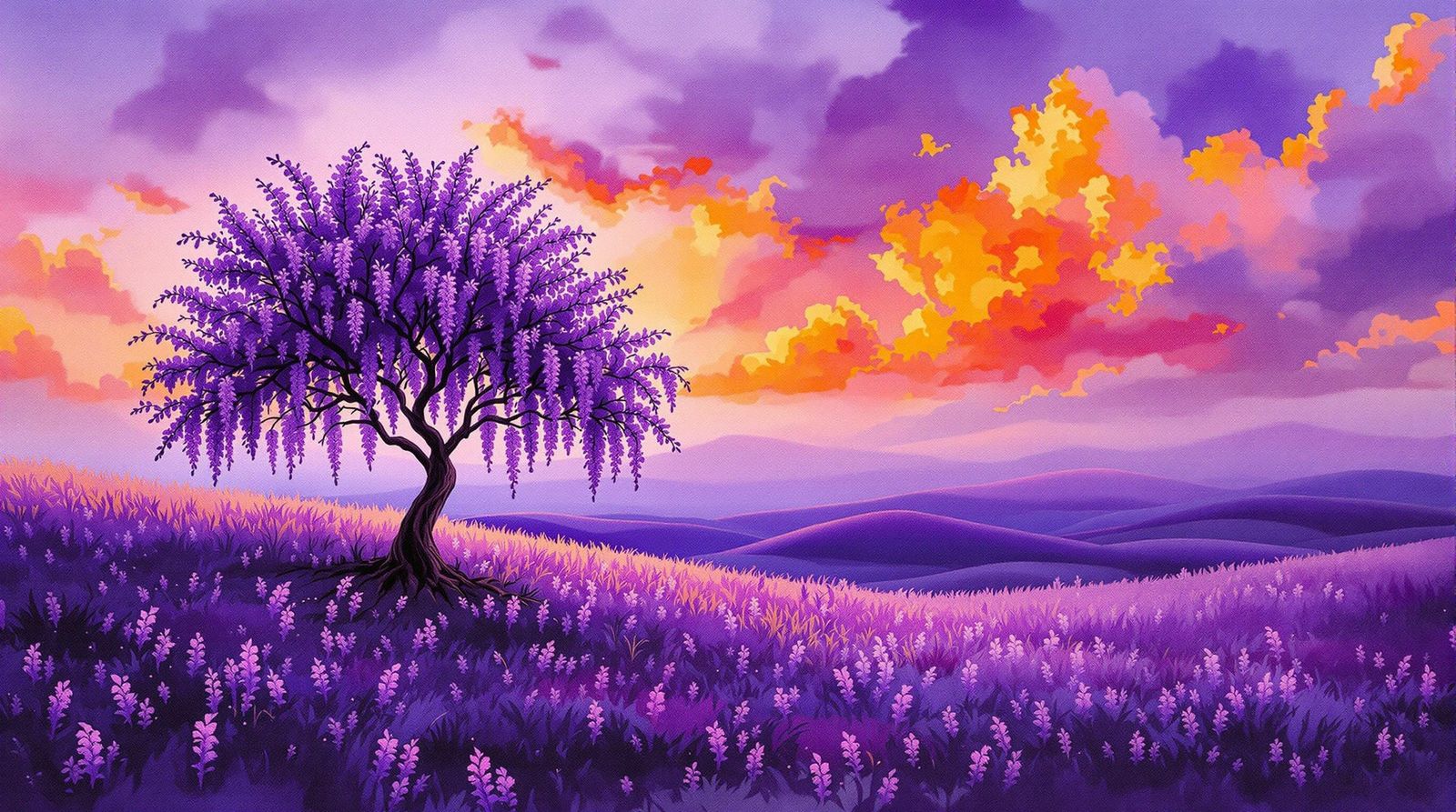 Vibrant Wisteria in Dawn's Warmth, Charcoal Watercolour