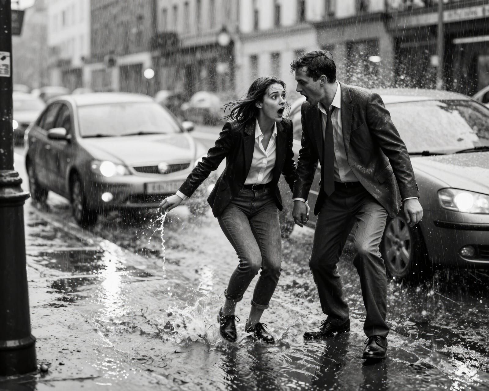 Couple Soaked by Car Splash on Rainy City Street