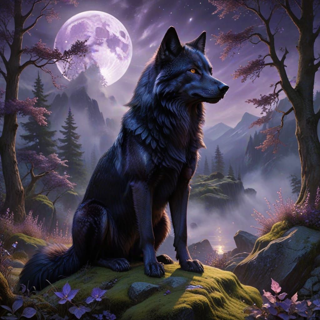 Regal Black Wolf Under Silvery Moonlight