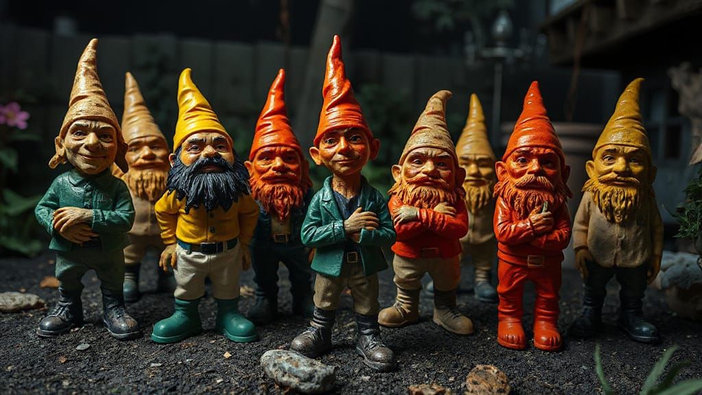 Whimsical Gnomes in Dark Alley Surrealism
