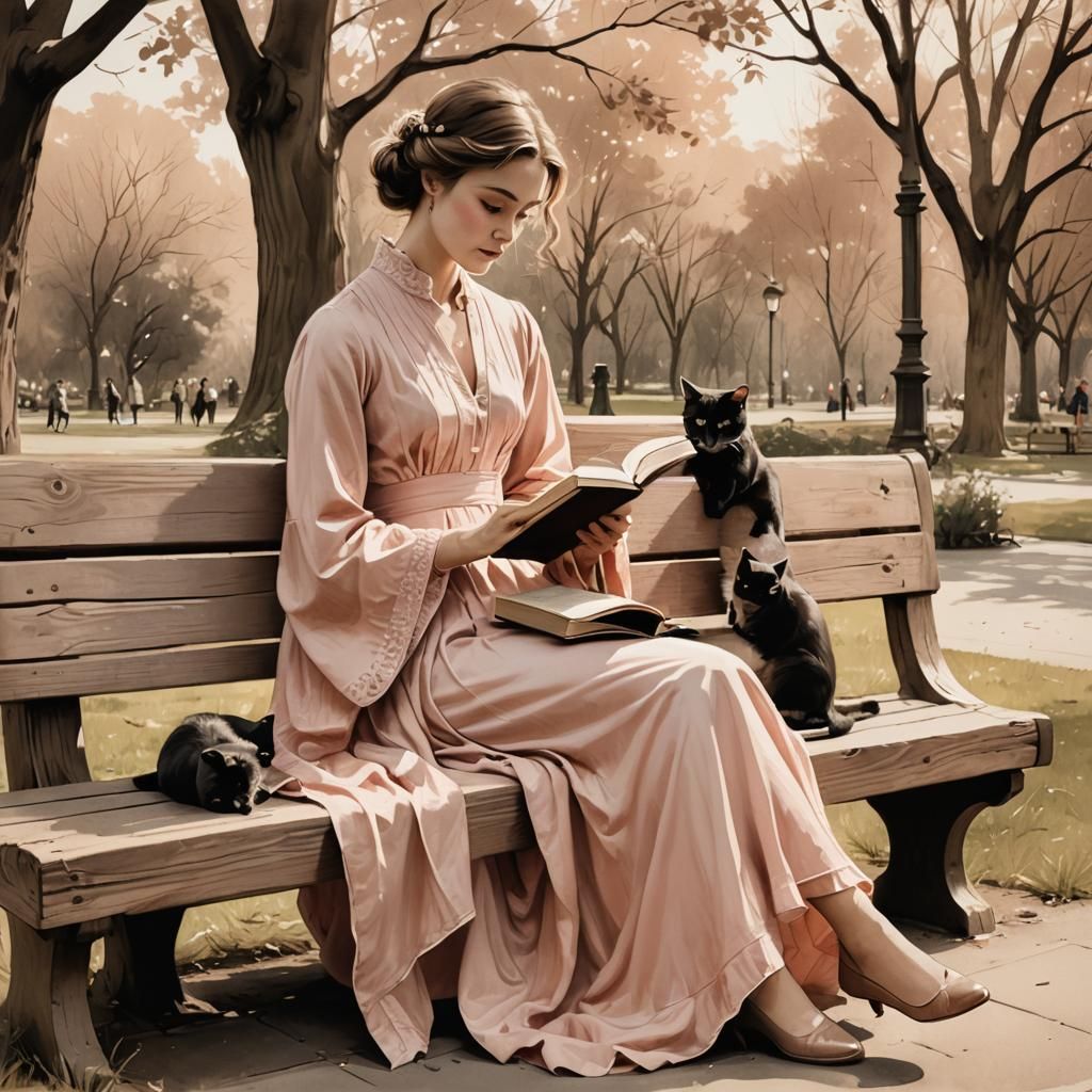 Woman Reading in Park: Sepia-Toned Ink Drawing