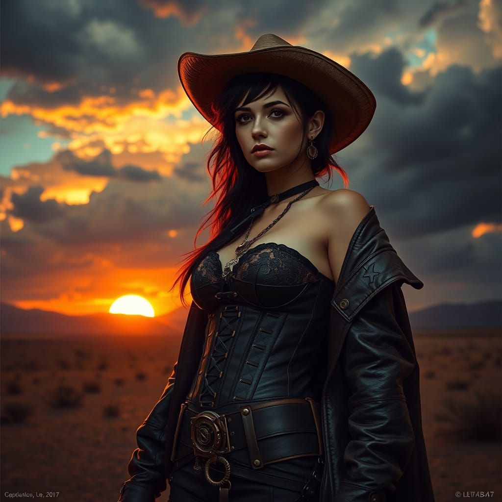 Gothic Cowgirl in Fiery Sunset, Steampunk Hyperrealism