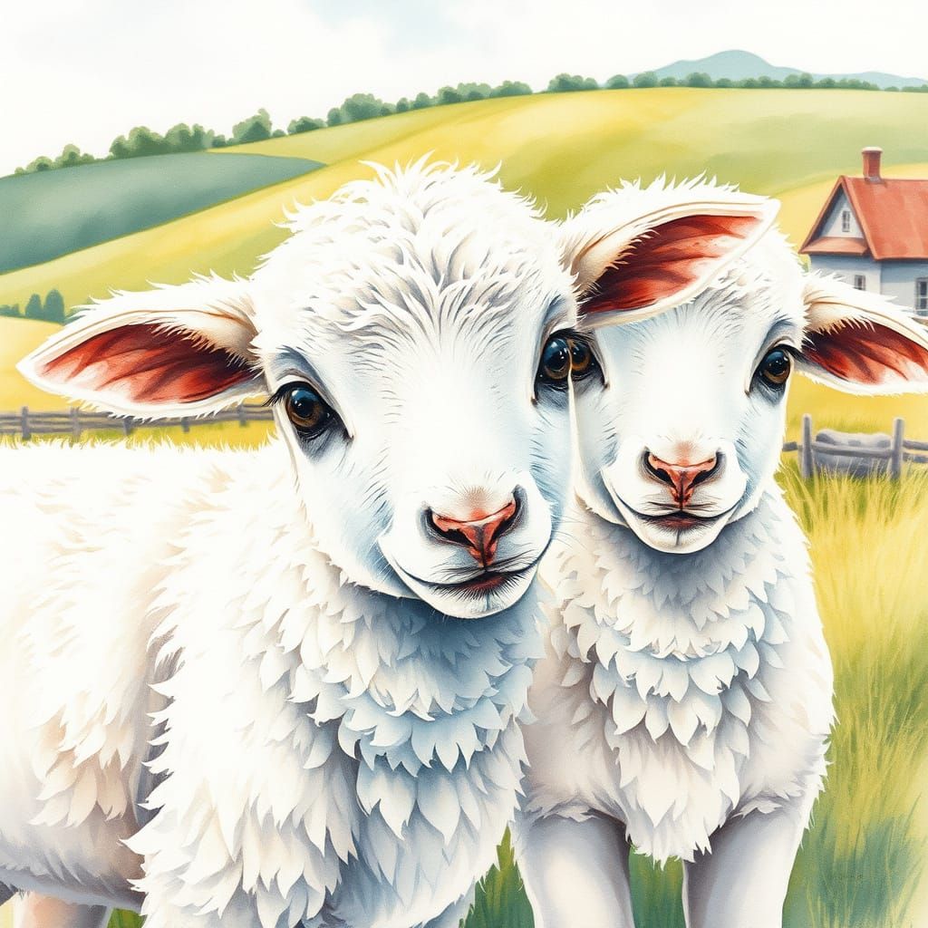 Charming Watercolor Lambs in Rural Landscape