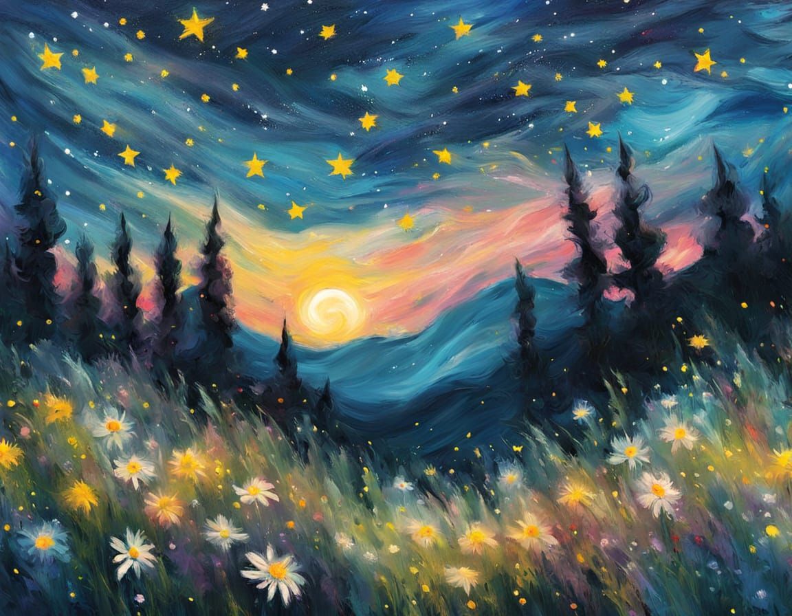 Vibrant Expressionist Meadow Scene under Starry Night Sky