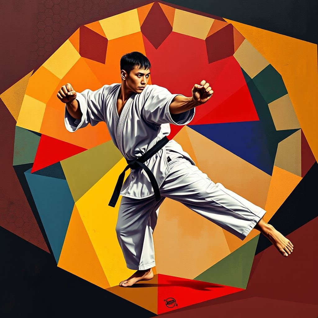 Dynamic Karate Master in Cubist Art Deco Style