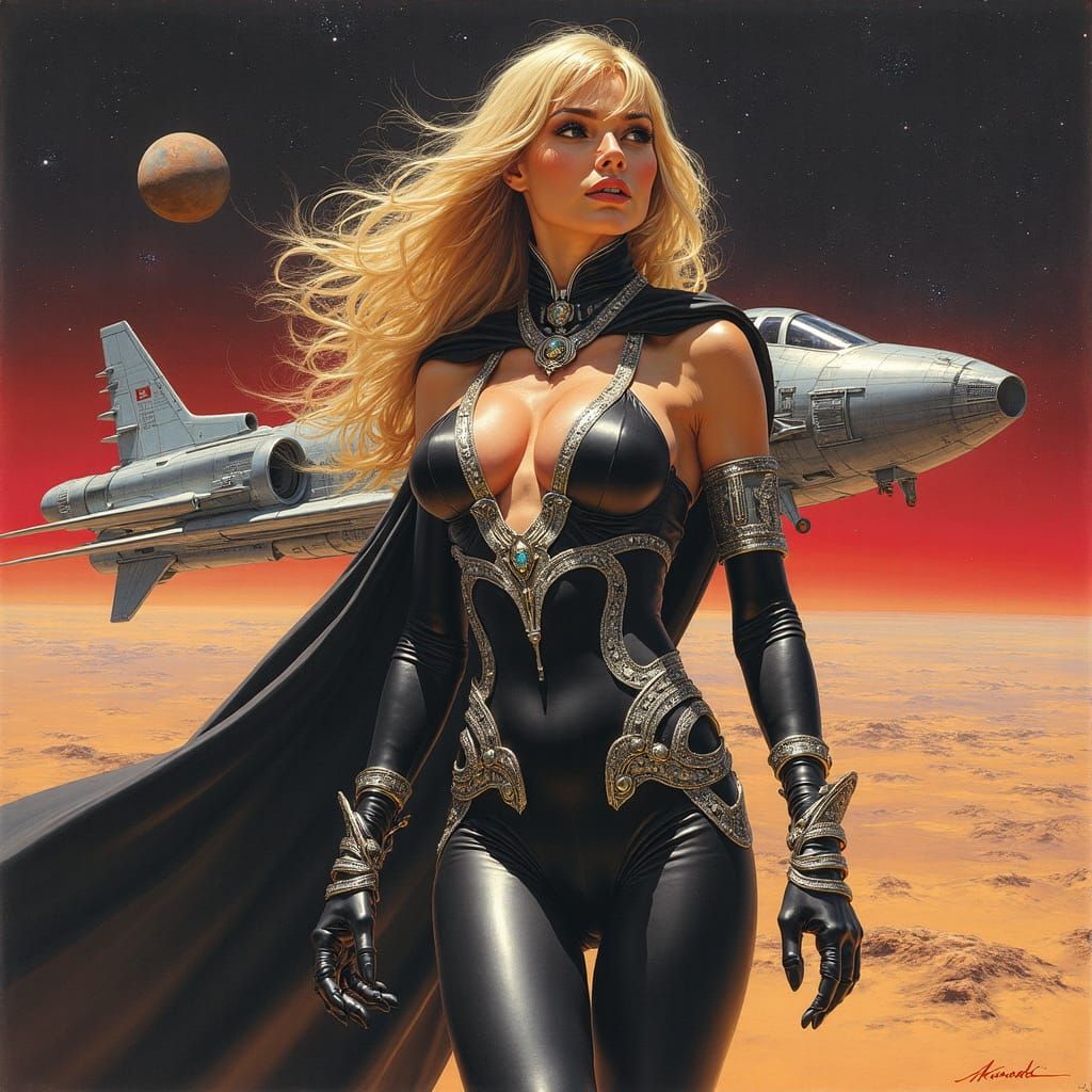 Barbarella Spaceship Captain in Dynamic Fantasy Art Style