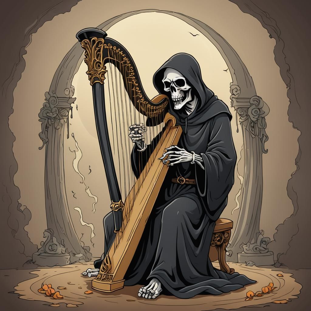 Cartoon Grim Reaper Plays Harp