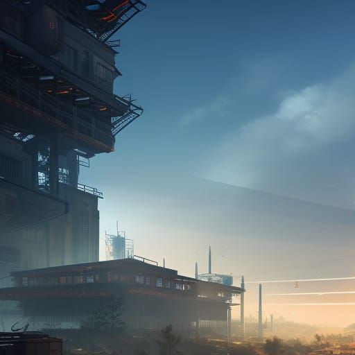 Anime Industrial City at Dawn in Digital Illustration Style