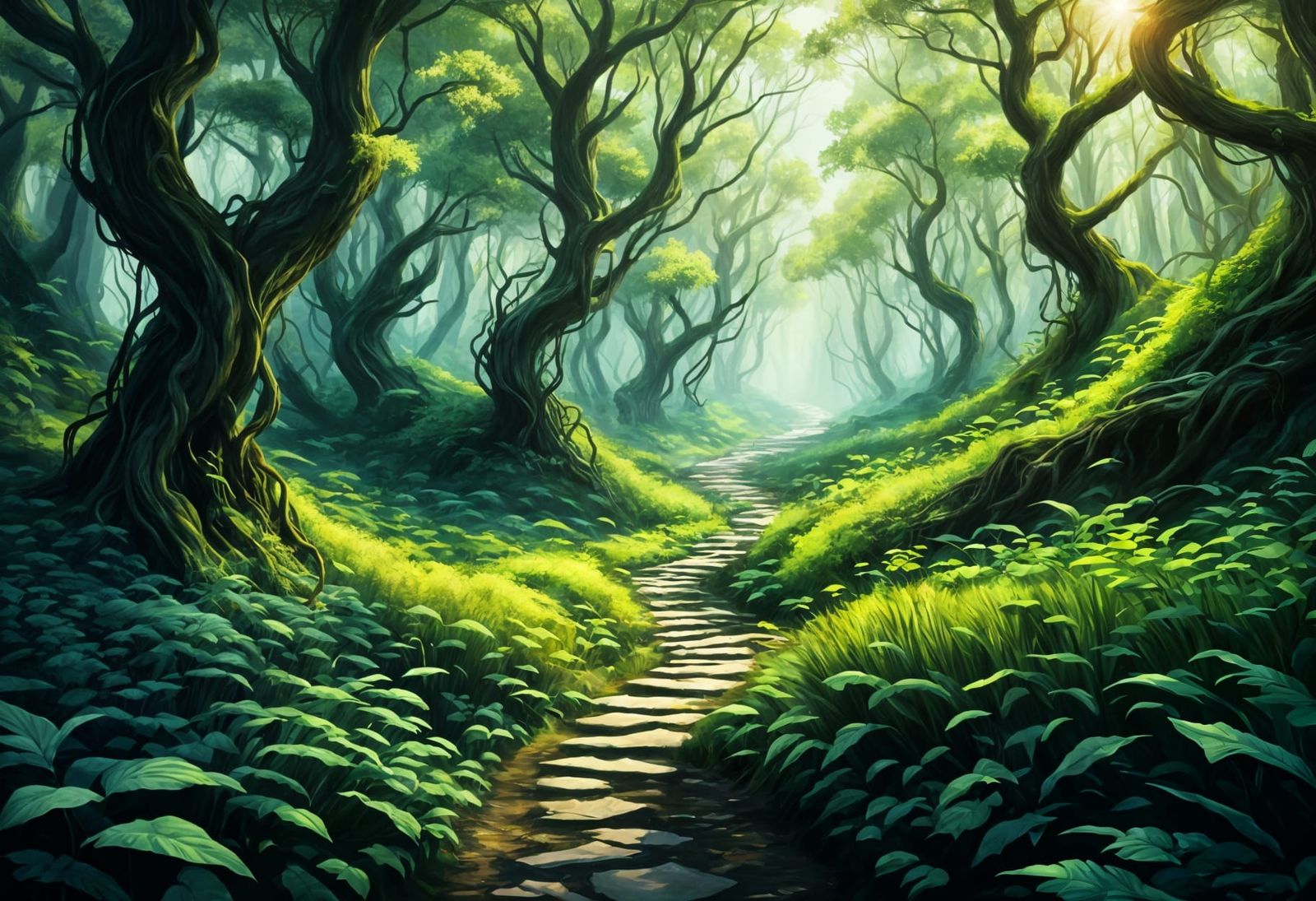 Winding Forest Path in Deep Shadows, Hyperrealistic Style