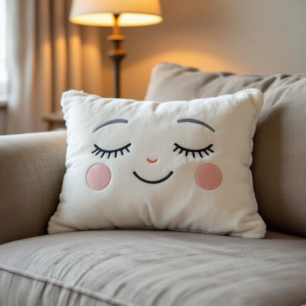 Cozy Cushion with Sleepy Face Design on Sofa