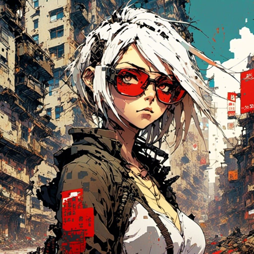 Mecha Woman with Red Eyes in Ruined City