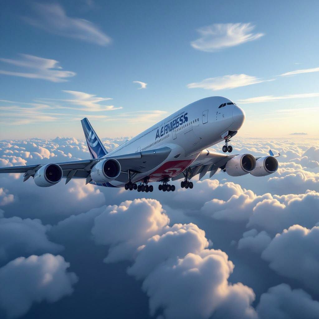 Airbus A380 Soaring Through a Blue Sky