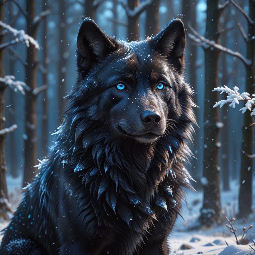 Mega-Cute Black Wolf with Blue Eyes in Snowy Clearing