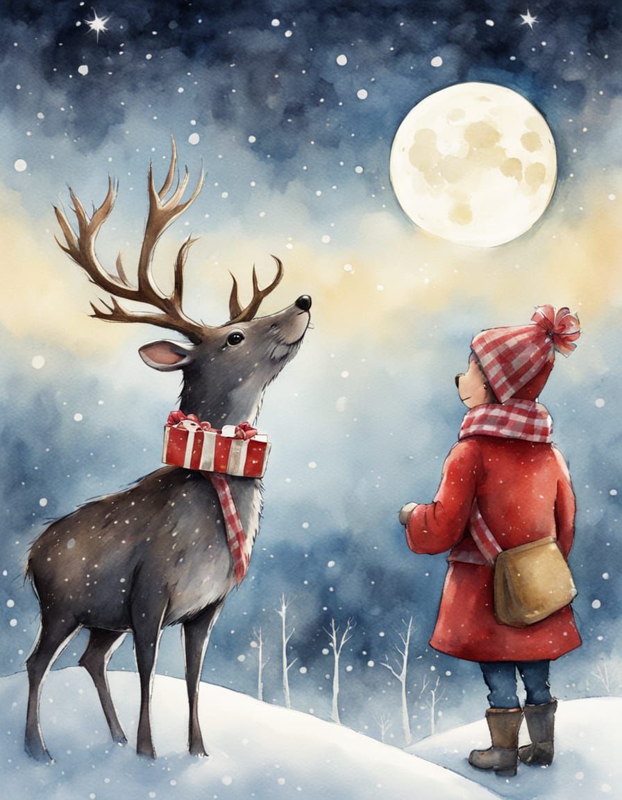 Magical Night: Mouse and Santa in Watercolor Style