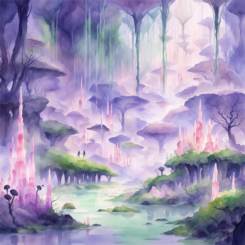 Serene Alien Landscape with Glowing Mushrooms as Watercolor