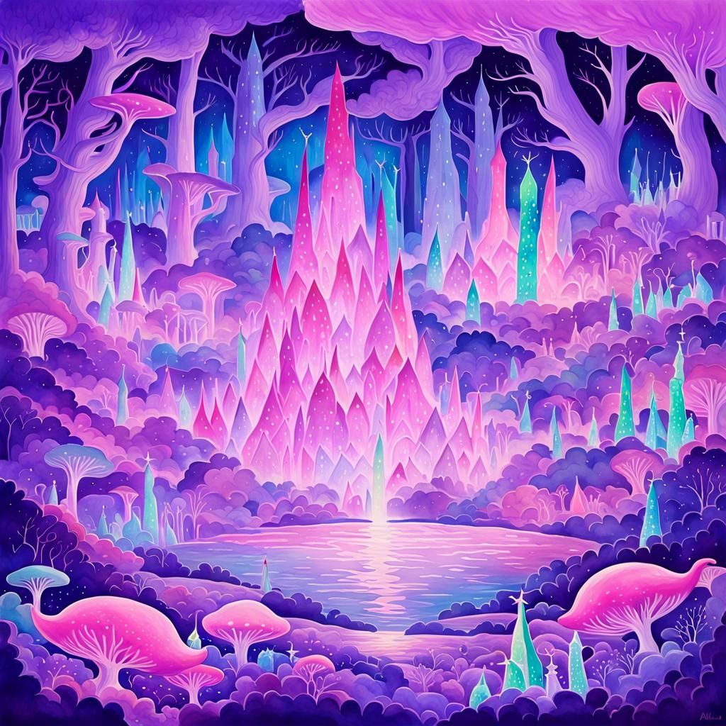 Surreal Alien Landscape with Crystal Spires in Watercolor St...