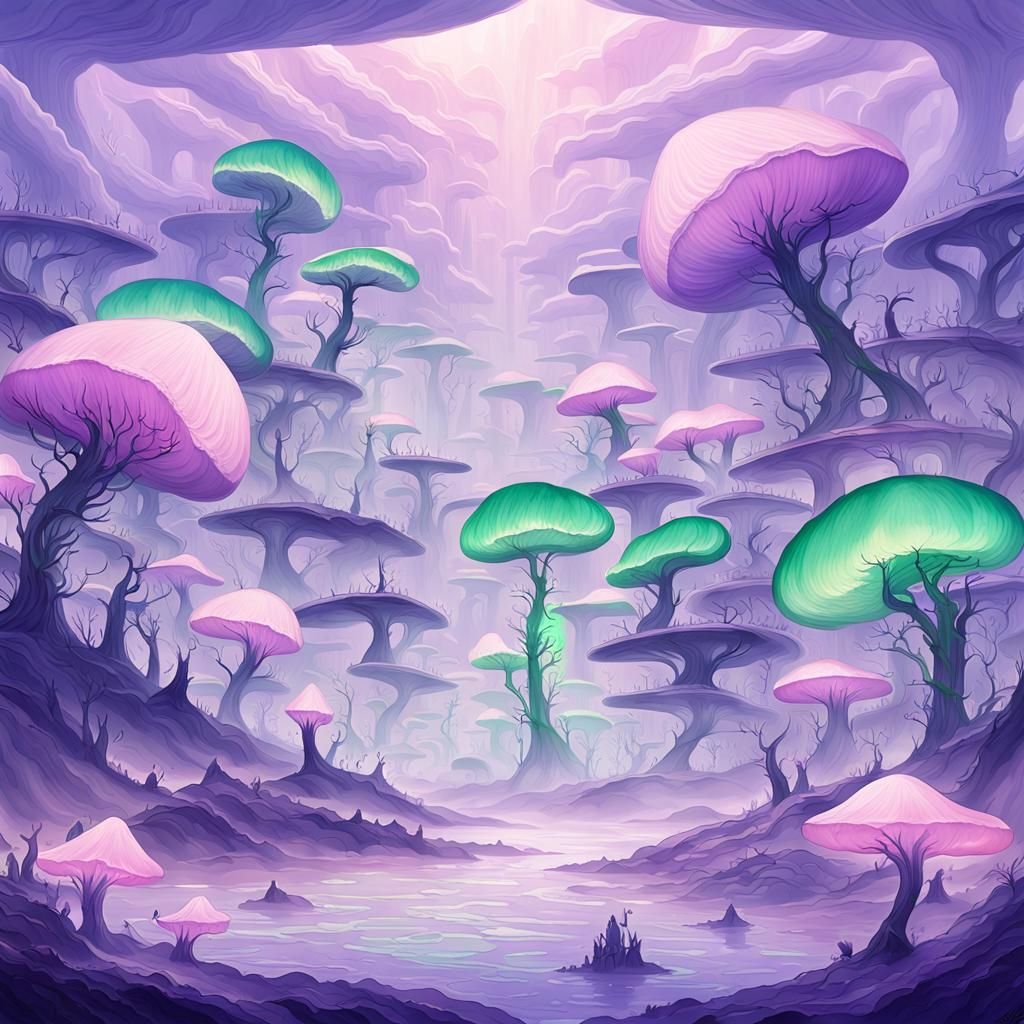 Surreal Alien Landscape with Crystal Spires, Watercolor Styl...