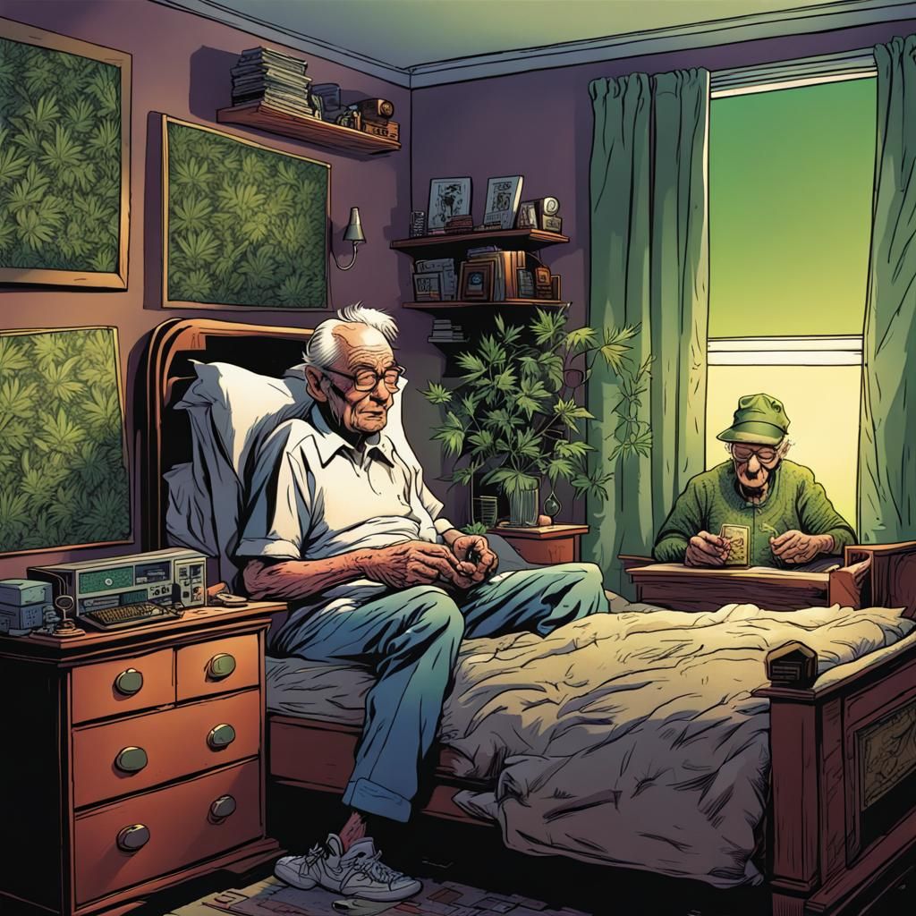 Elderly Man Smoking and Making Beats, Comic Book Art