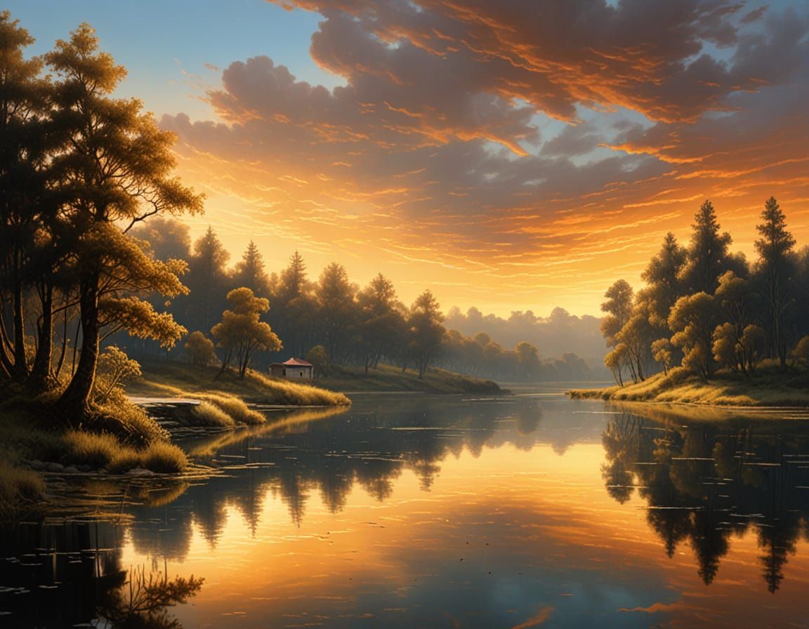 Golden Hour on a Tranquil Forest Lake in Oil Painting Style