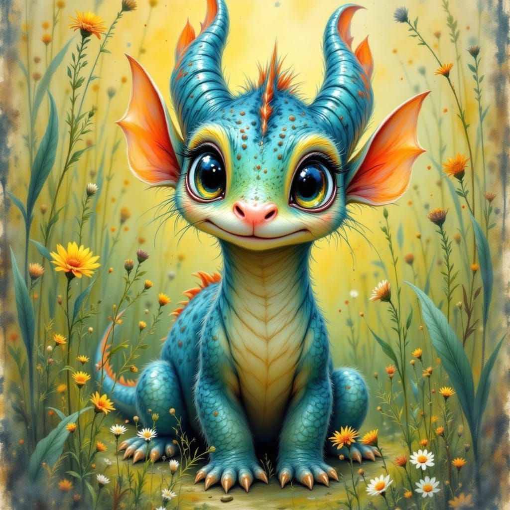Whimsical Baby Dragon in a Lush Meadow