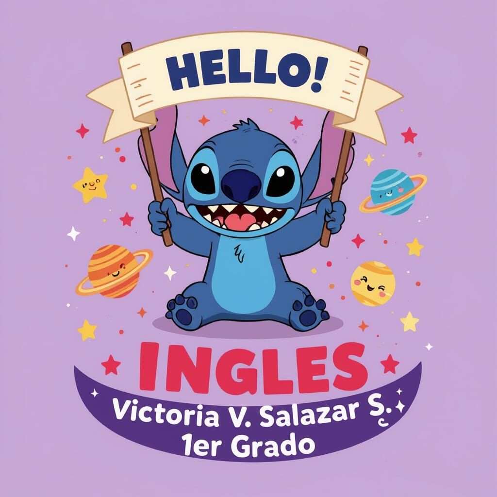 Kawaii Stitch Holding 'HELLO!' Banner with Stars and Planets