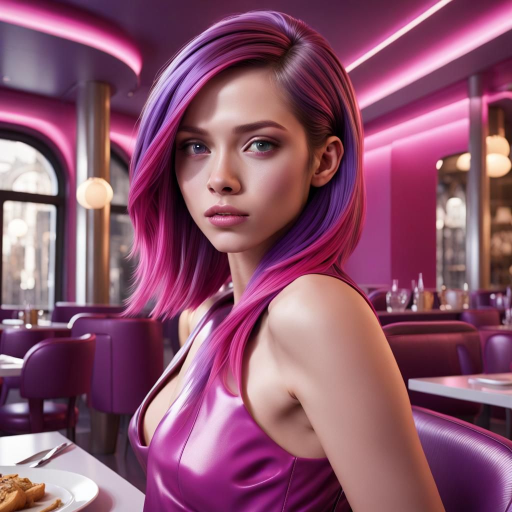 Futuristic Paris Restaurant Scene with Young Woman