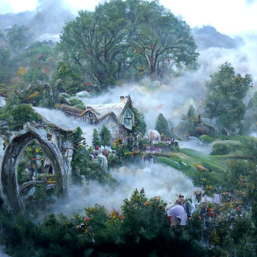 Ethereal The Shire Gouache Painting in Kinkade Style