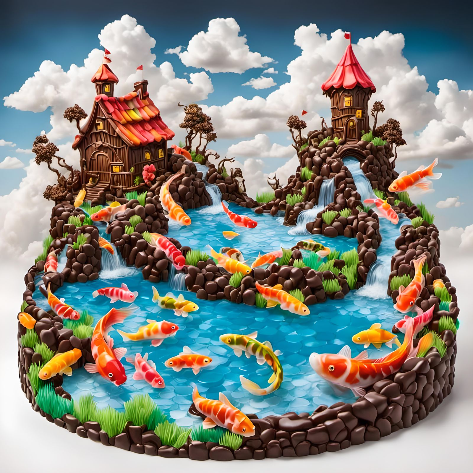 Dreamy Koi Pond Under Cloudy Sky