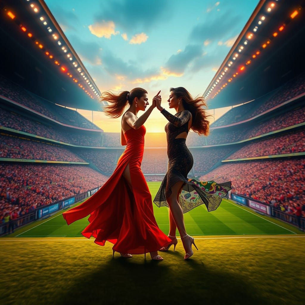 Tango Goddesses Dance Amidst Football Stadium Spectators