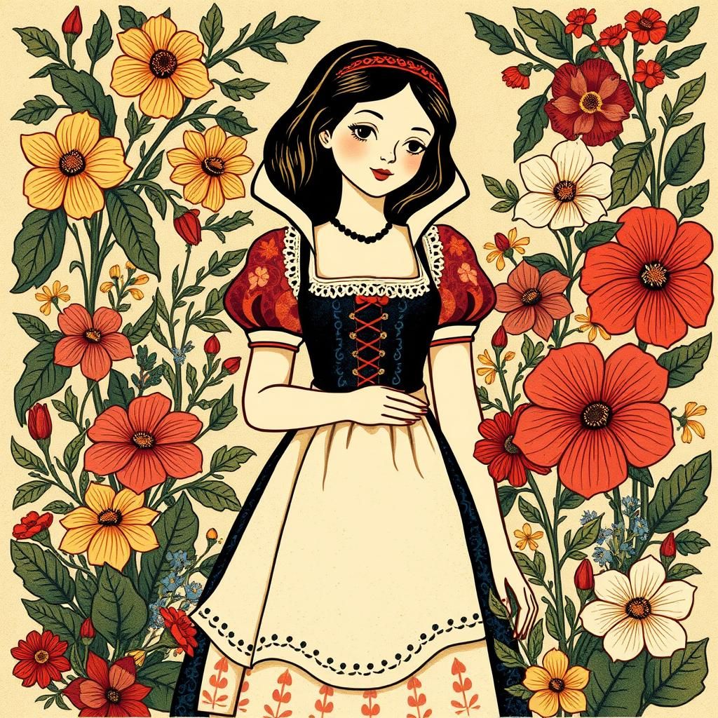 Snow White Folk Art Illustration in German Style