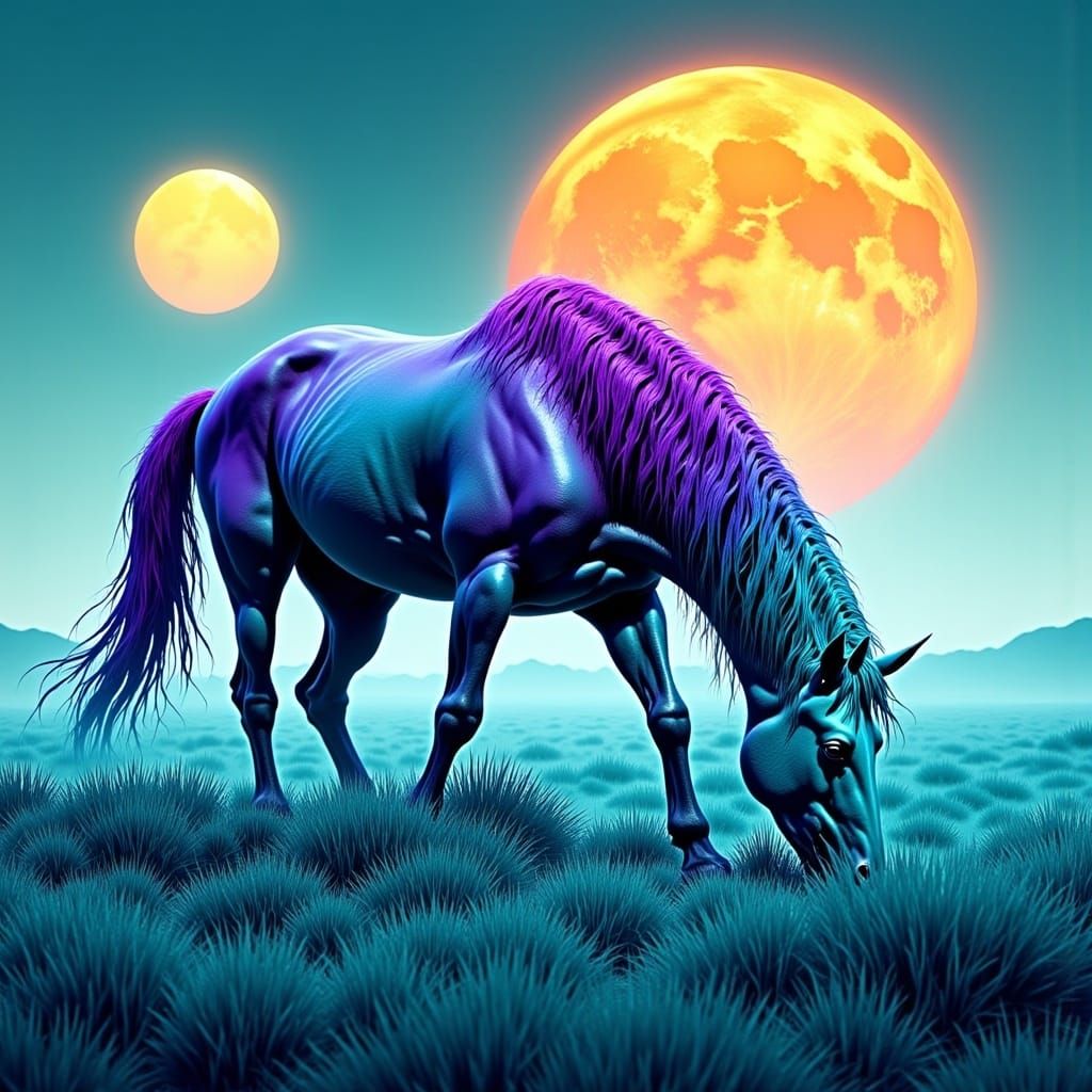 Surreal Teal Plains Horse Grazes Under Dual Suns