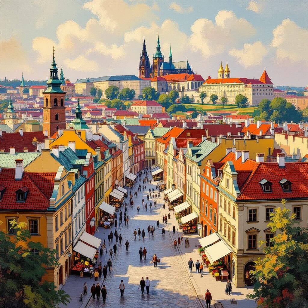 Kraków Old Town Panoramic View in Classical Landscape Style