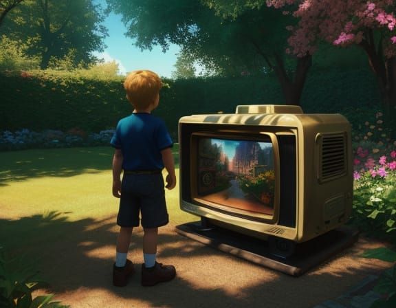 Child with Vintage TV in Sunny Garden - Hyper-Realistic Digi...
