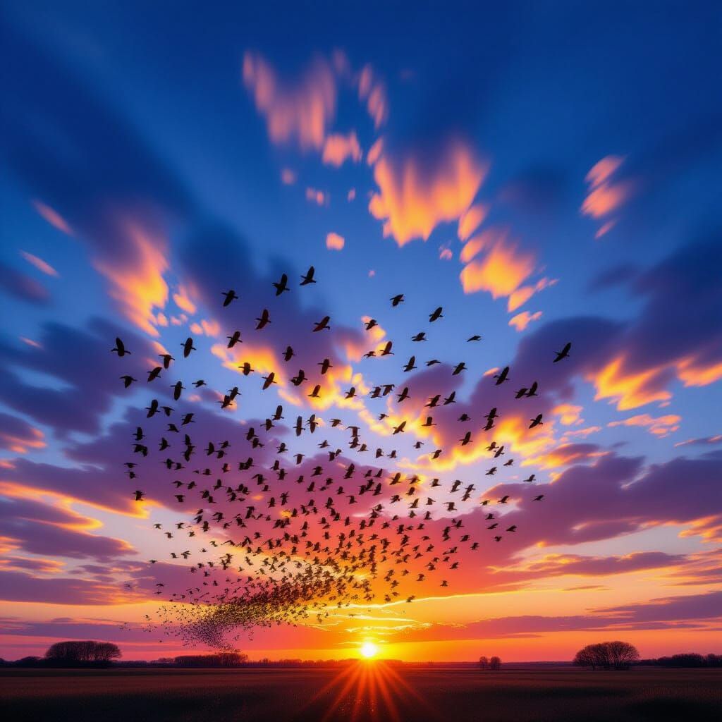 Migrating Birds in Dynamic Patterns at Sunset