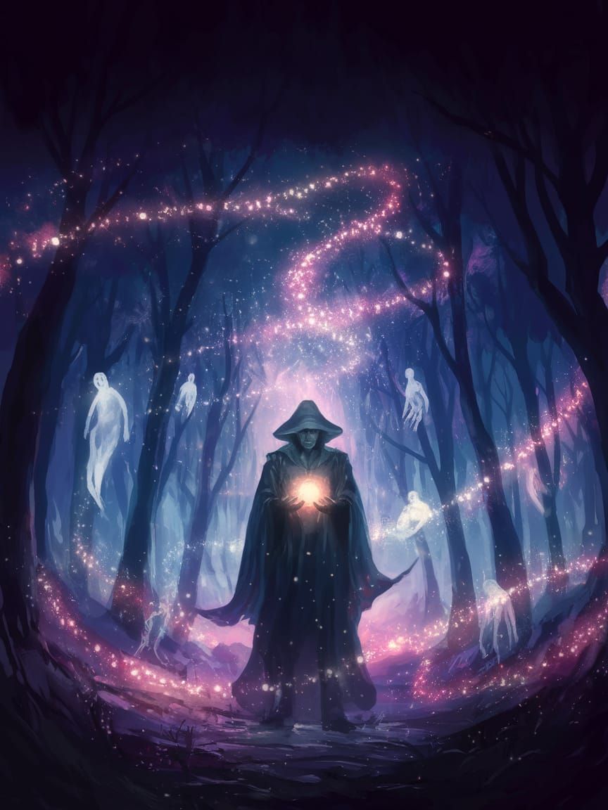 Sorcerer Illuminated by Cosmic Glow in Dark Forest