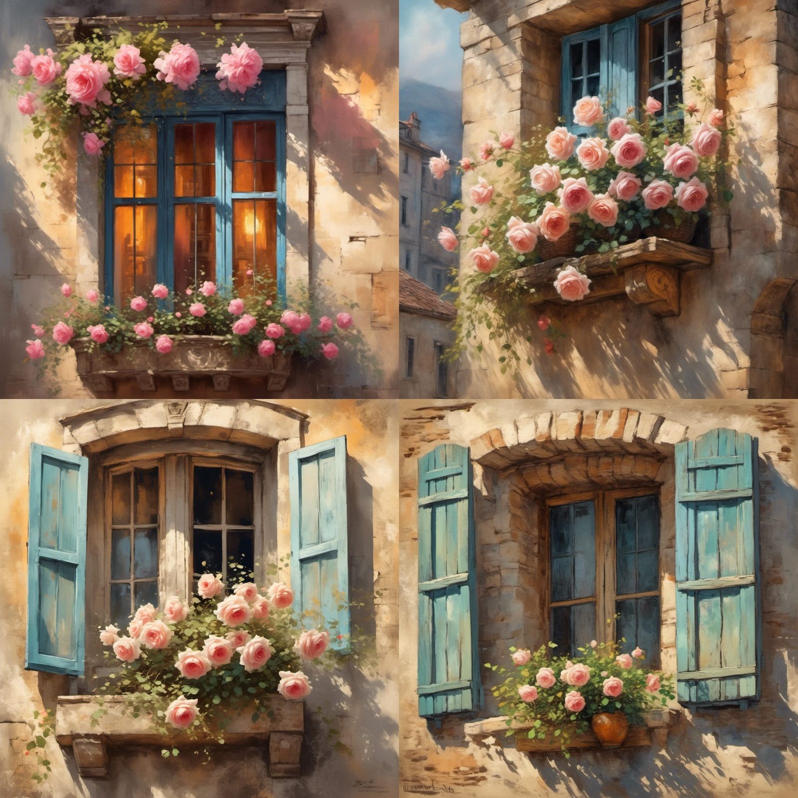 Sunlit Town Through Window with Roses, Oil Painting