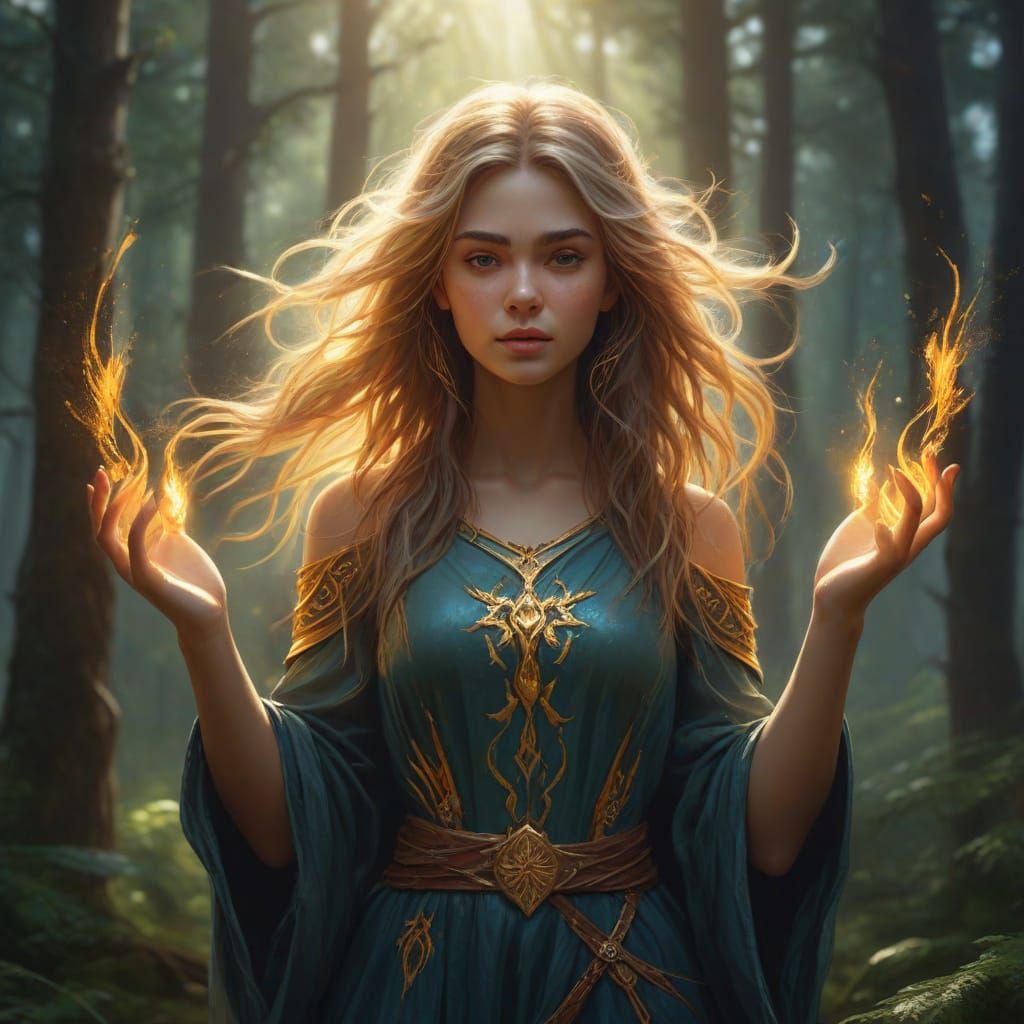 Elemental Girl in Forest Oil Painting