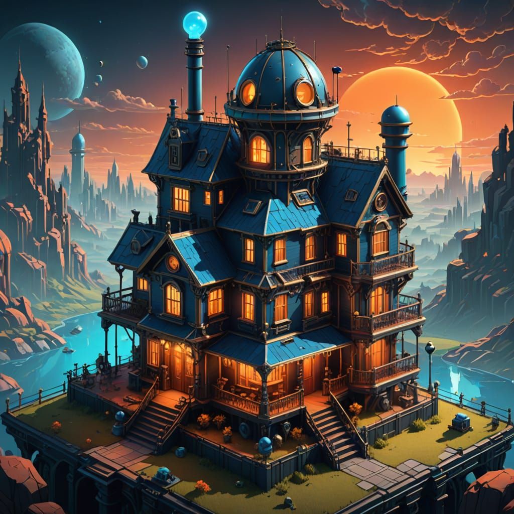 Victorian Atompunk House in Retrofuturistic Landscape