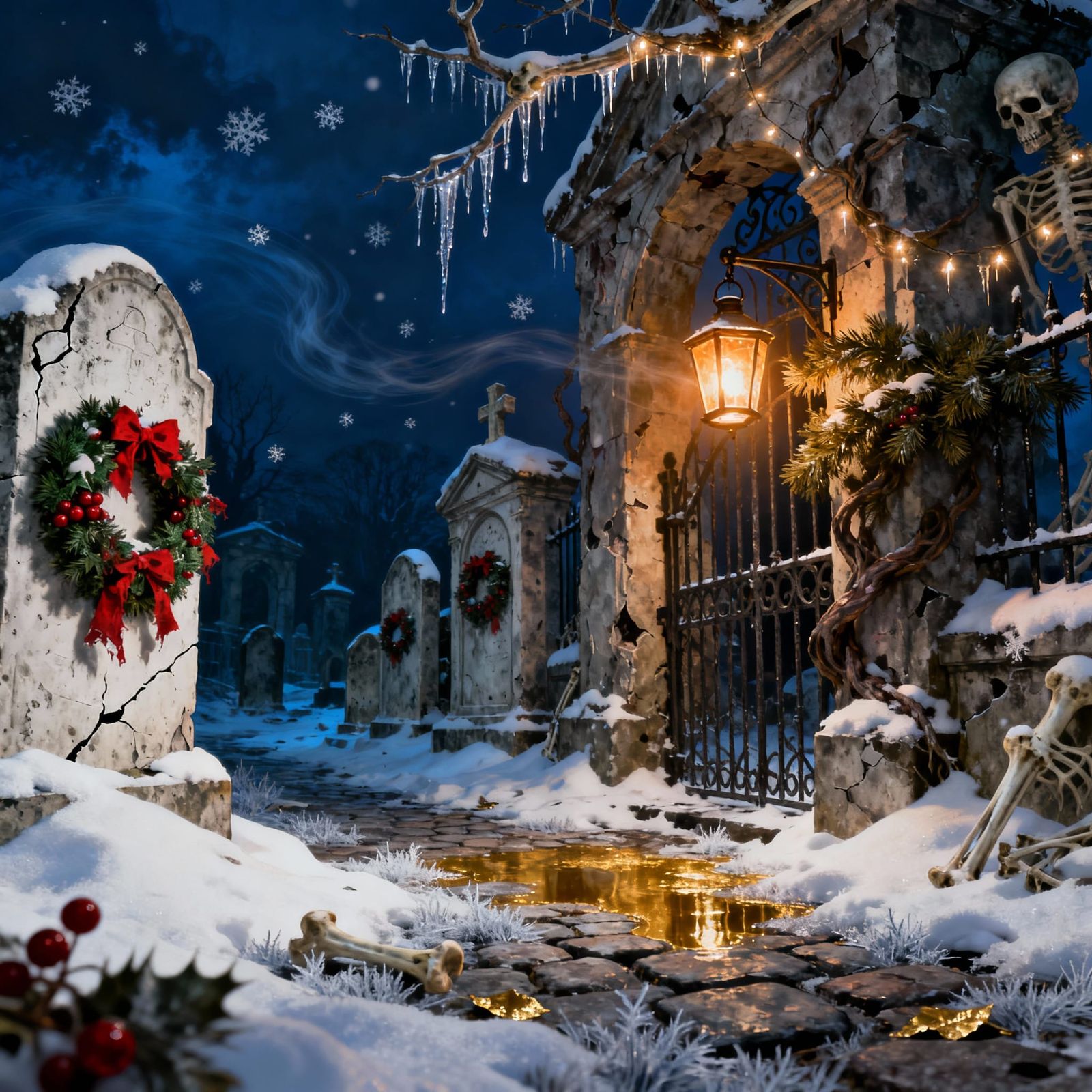 Eerie Christmas Crypt Scene with Glowing Lantern