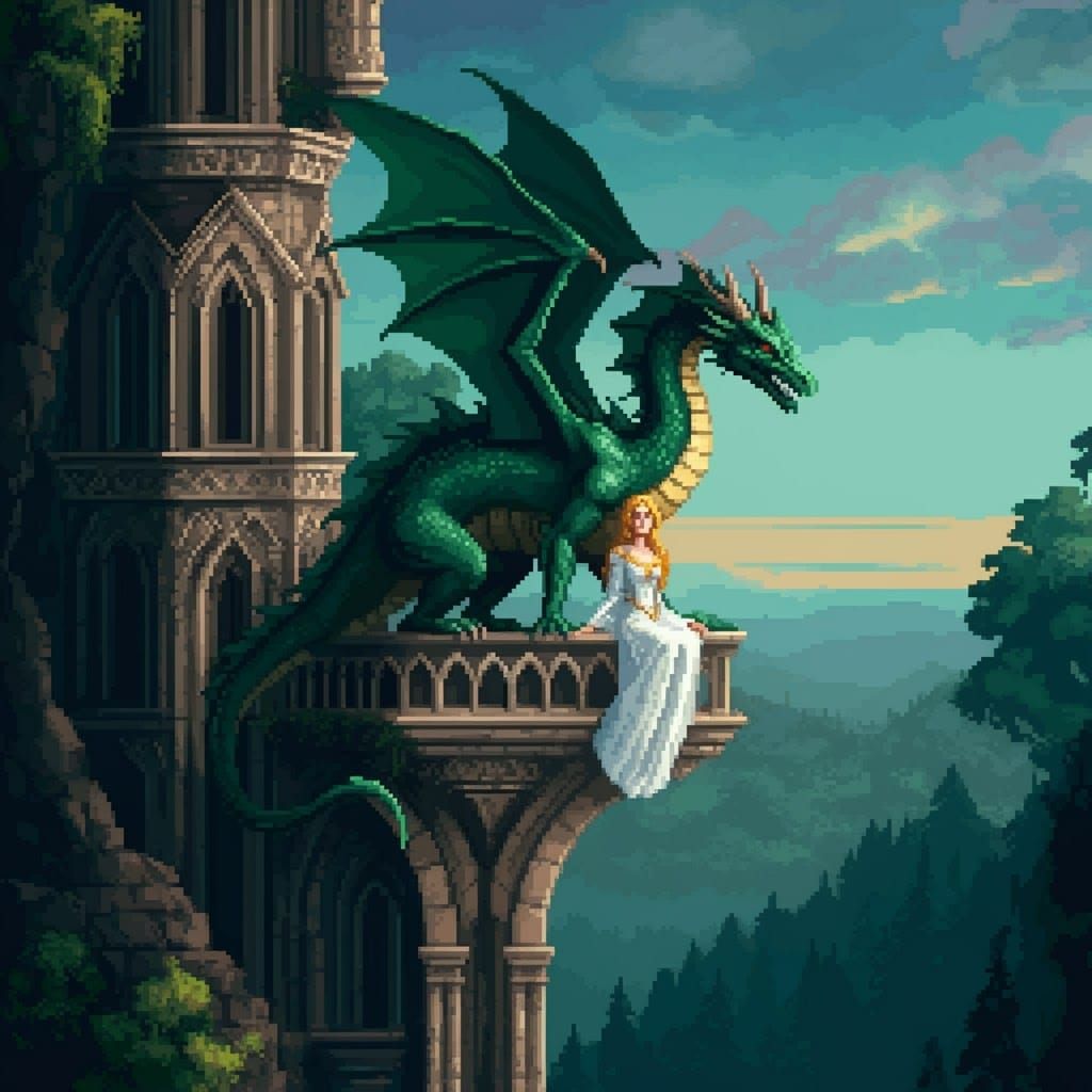 Maiden and Dragon in 8-Bit Pixel Art Style