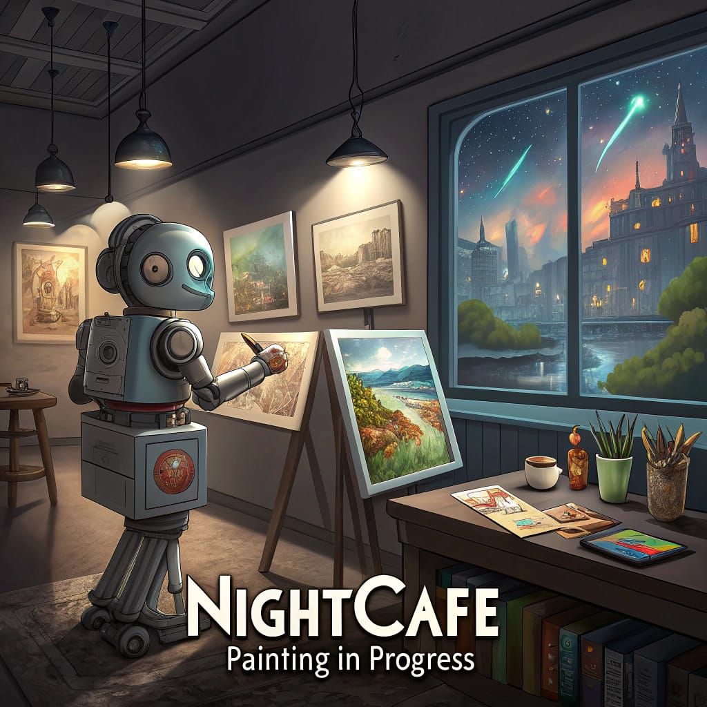 Robot Artist in Atelier, Oil Painting Style