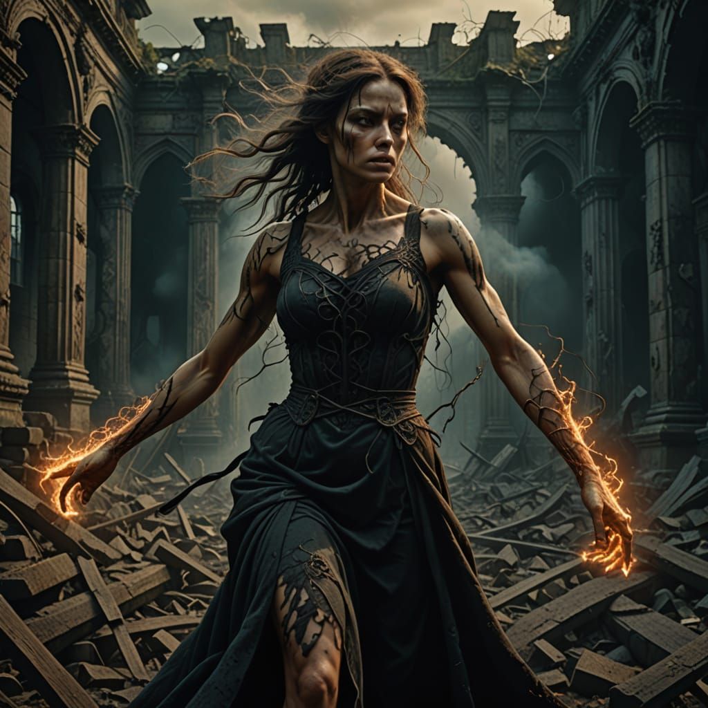 Surreal Sorceress Dances Amidst Overgrown Ruins