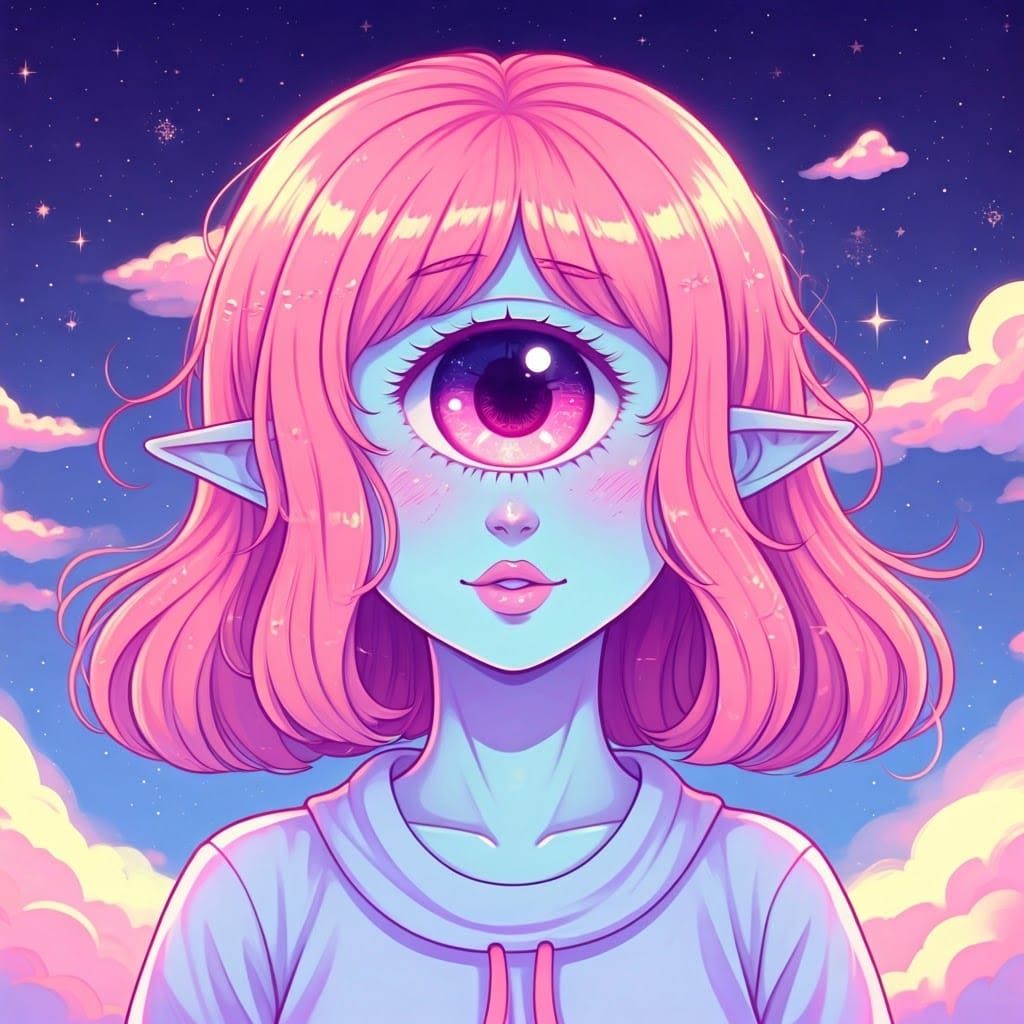 Vibrant Cyclops Girl in Whimsical, Dreamlike Landscape