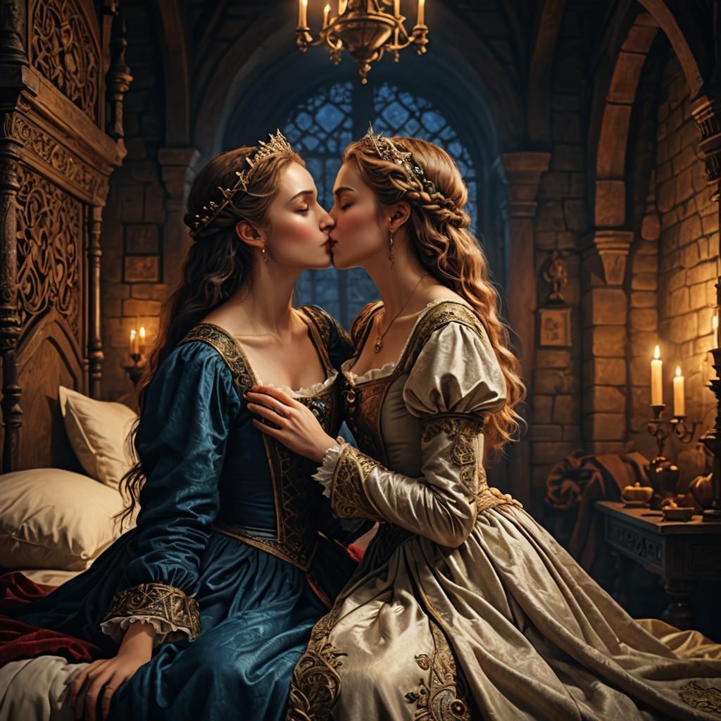 Passionate Kiss in Medieval Bedroom at Night