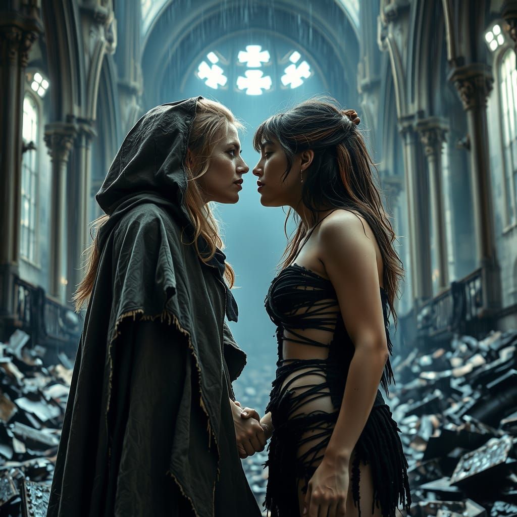 Passionate Kiss in a Shattered Cathedral
