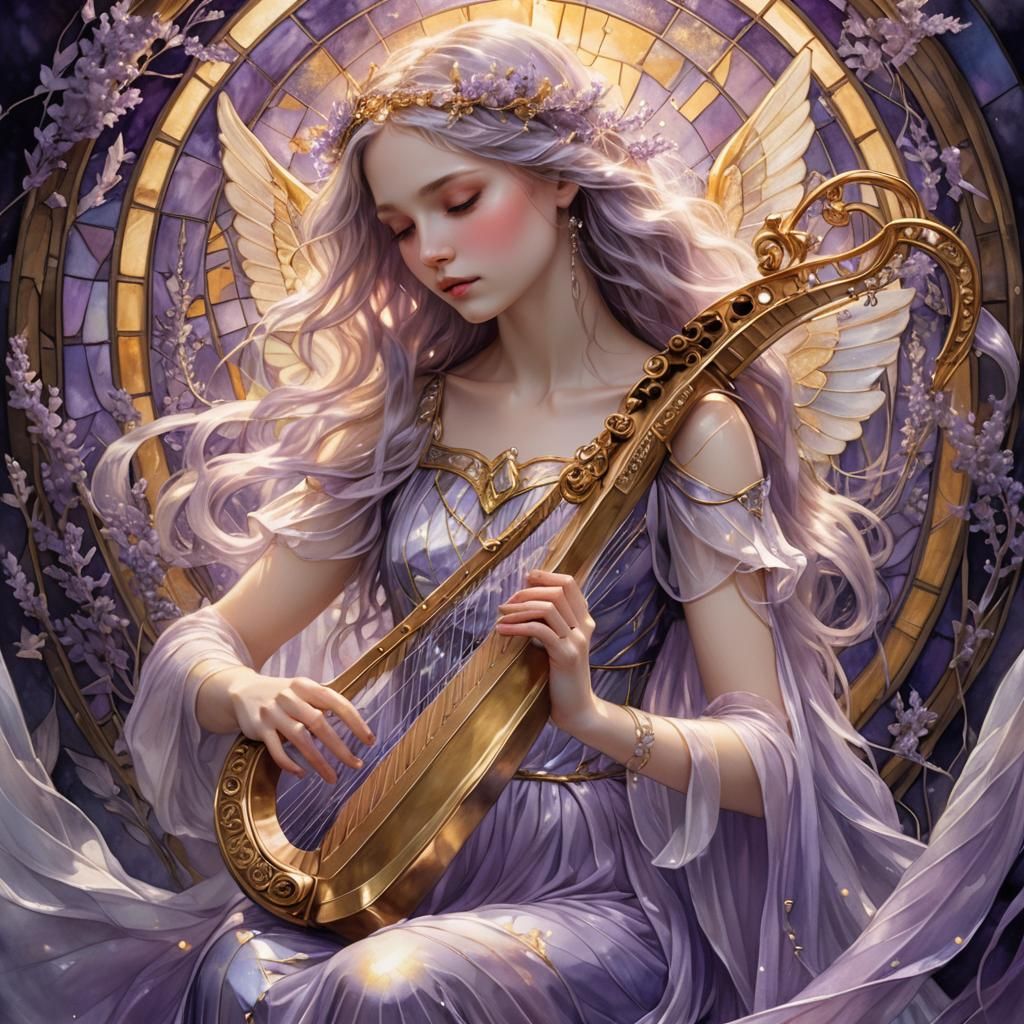 Luminous Angelic Girl with Lyre in Watercolor Style