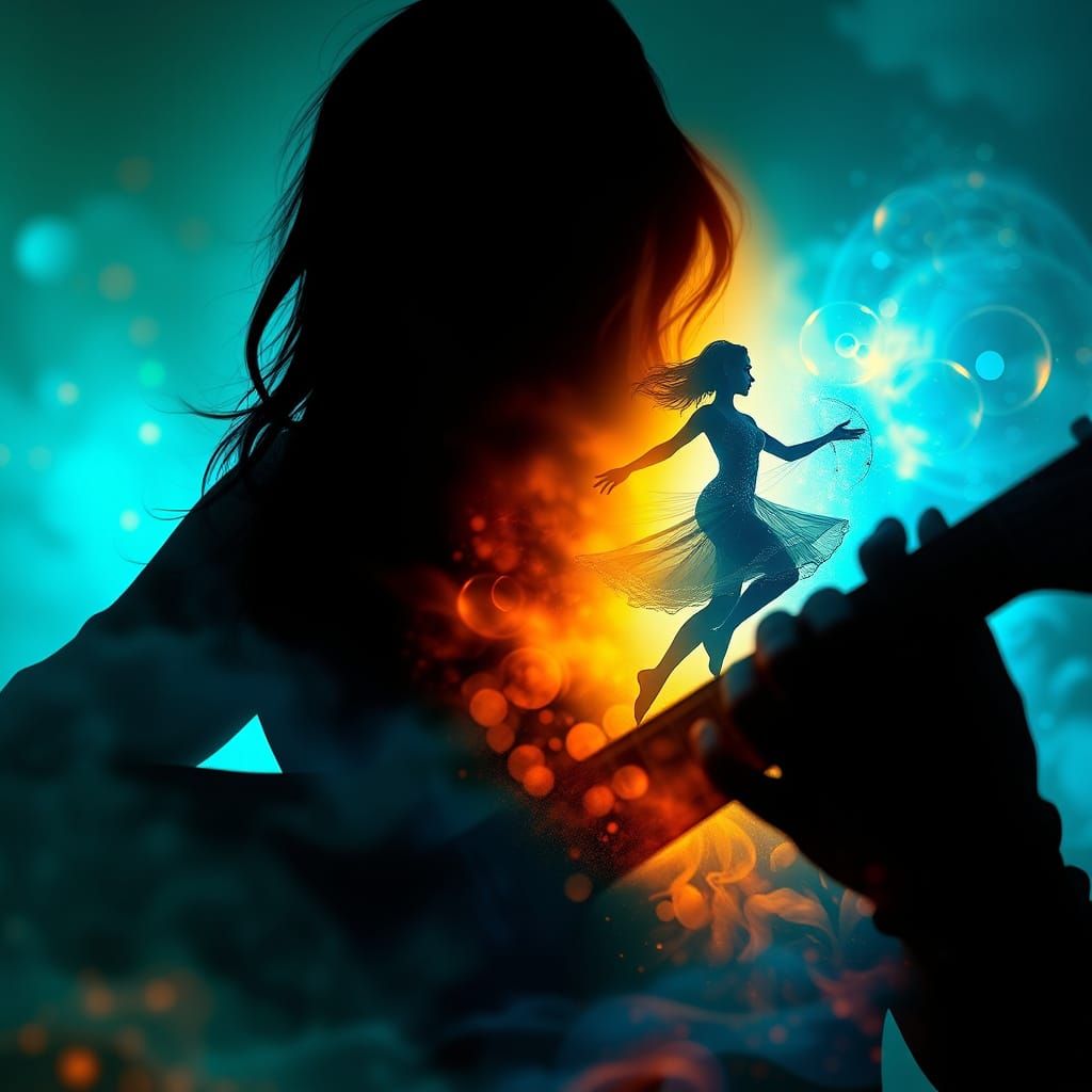 Surreal Guitarist in Golden Light Emerges into Electric Blue...