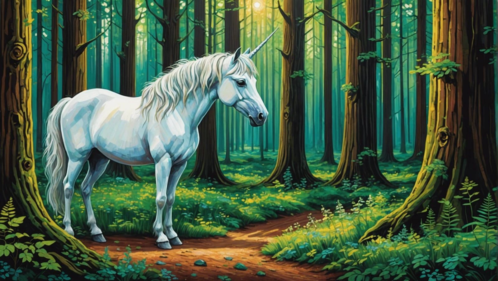 Unicorn in a Mystical Forest, Impressionist Style