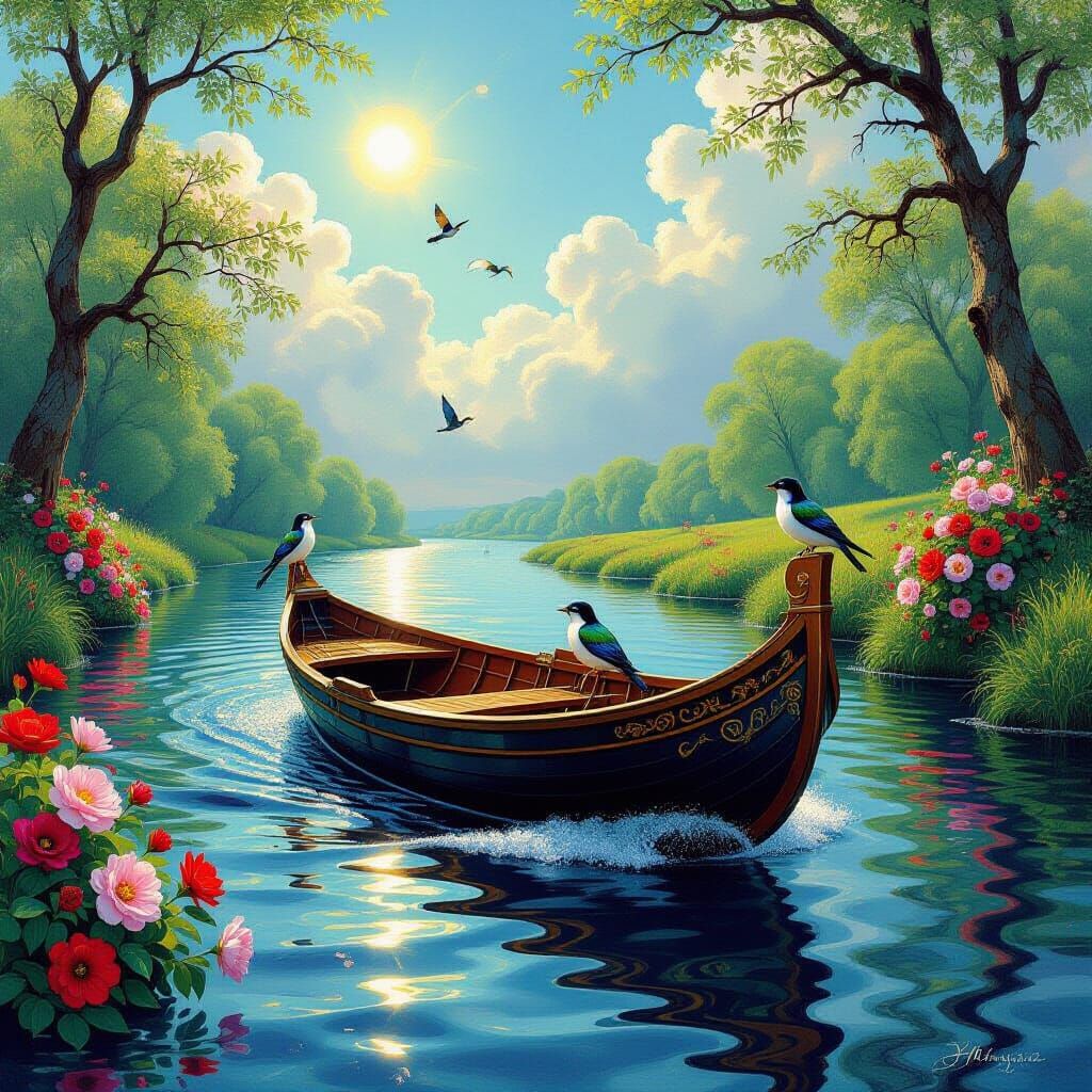 Ornate Ink River Boat with Spring Flowers